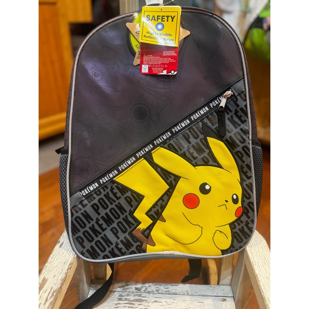 Pokemon Pikachu Kids Backpack Bioworld Gray Black Reflective Safety School Bag